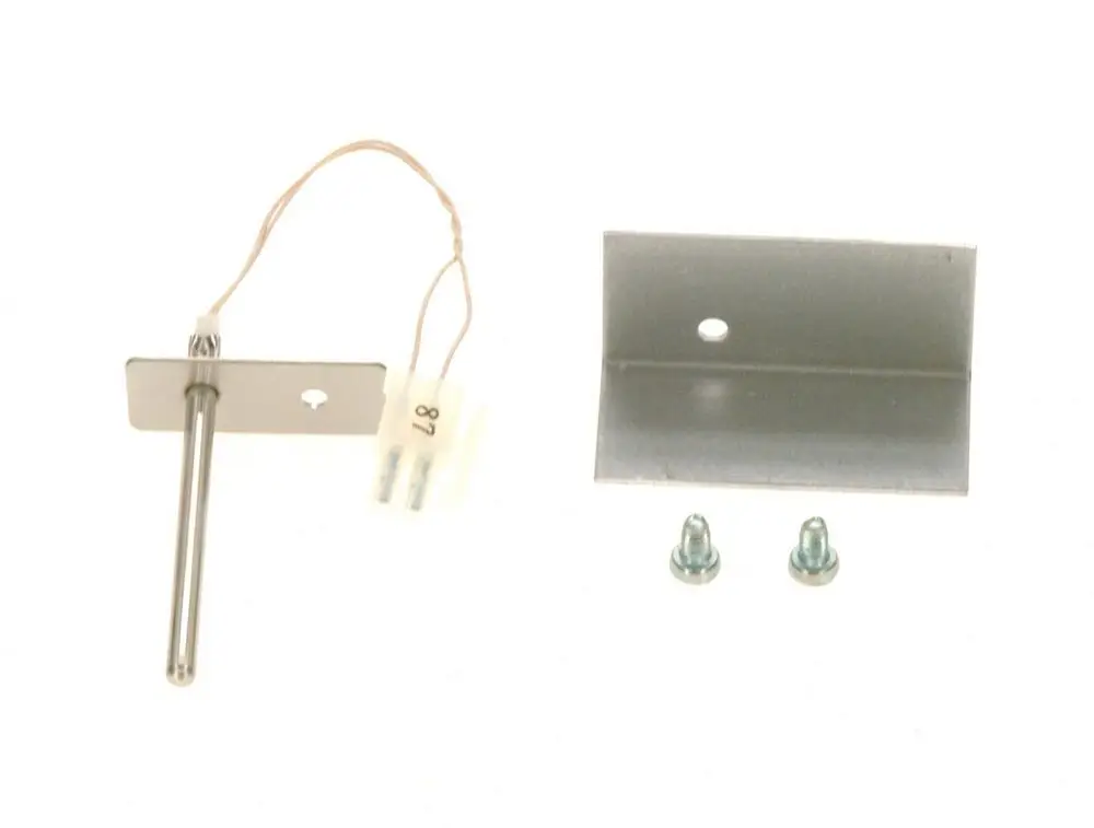 Bosch Temperaturfühler mit einem metallischen Sensor und Anschlusskabel, inklusive Montagewinkel und zwei Schrauben für die Installation.